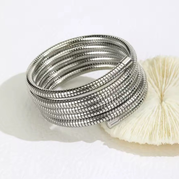 Anthropologie Jewelry - Stainless Steel Coil Wrap Bracelet Multi-Layer Adjustable Bangle
